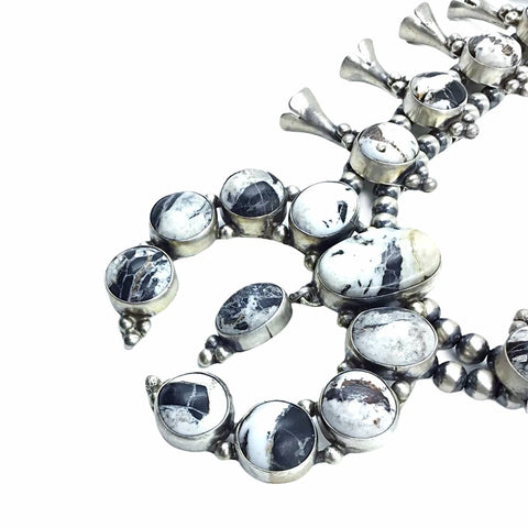Image of Native American Necklaces - Navajo White Buffalo Squash Blossom Dangle Necklace & Earrings Set - Shelia Becenti -  Native American