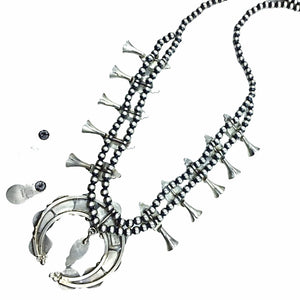 Native American Necklaces - Navajo White Buffalo Squash Blossom Dangle Necklace & Earrings Set - Shelia Becenti -  Native American