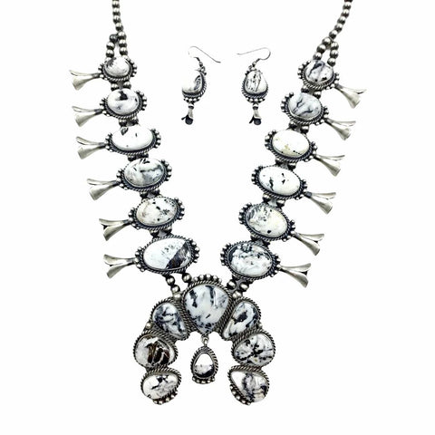 Image of Native American Necklaces - Navajo White Buffalo Squash Blossom Dangle Silver Drop Necklace & Earrings Set - Mary Ann Spencer -  Native American