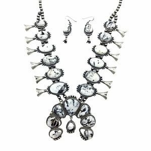 Native American Necklaces - Navajo White Buffalo Squash Blossom Dangle Silver Drop Necklace & Earrings Set - Mary Ann Spencer -  Native American