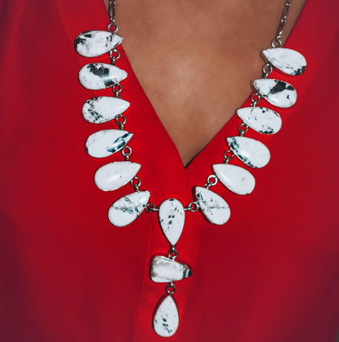 Image of Native American Necklaces - Navajo White Buffalo Teardrop Dangle Necklace & Earrings Set - Native American