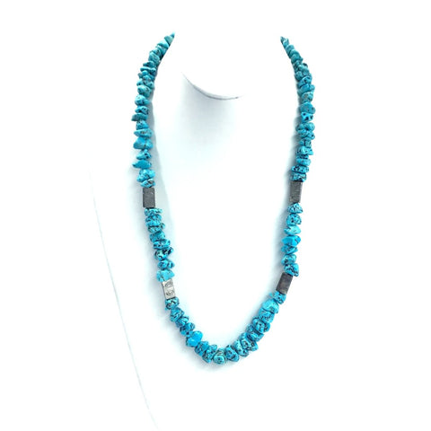 Image of Native American Necklaces - Old Pawn Rough Turquoise Beaded Sterling Silver Necklace - Native American