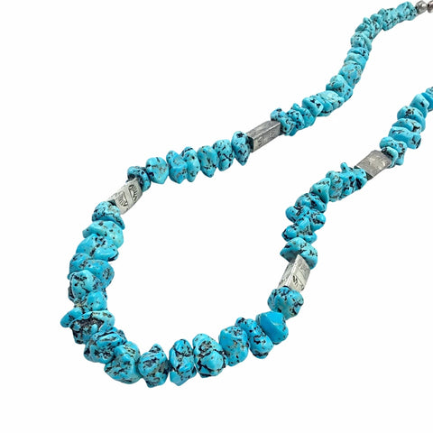 Image of Native American Necklaces - Old Pawn Rough Turquoise Beaded Sterling Silver Necklace - Native American