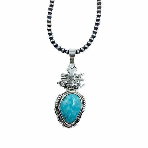 Image of Native American Necklaces - Original Bennie Ration Kingman Turquoise Sterling Silver Pendant & Navajo Pearls Necklace - Native American