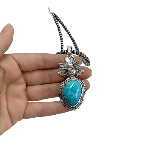 Image of Native American Necklaces - Original Bennie Ration Kingman Turquoise Sterling Silver Pendant & Navajo Pearls Necklace - Native American