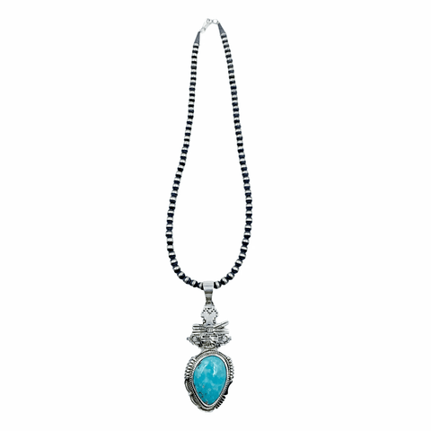 Image of Native American Necklaces - Original Bennie Ration Kingman Turquoise Sterling Silver Pendant & Navajo Pearls Necklace - Native American