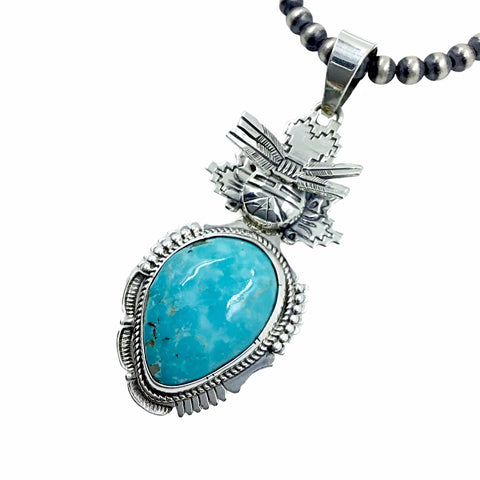 Image of Native American Necklaces - Original Bennie Ration Kingman Turquoise Sterling Silver Pendant & Navajo Pearls Necklace - Native American