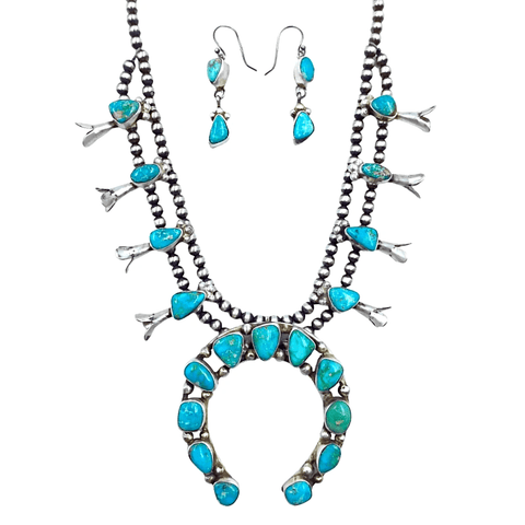 Image of Native American Necklaces & Pendants - Blue Green Kingman Turquoise Squash Blossom Set - Ella Peters Navajo