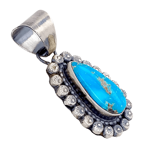 Image of Native American Necklaces & Pendants - Bluebird Teardrop Turquoise Embellished Silver Pendant - Shelia Becenti - Navajo