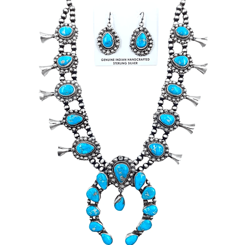 Image of Native American Necklaces & Pendants - Bluebird Turquoise Squash Blossom Necklace Set - Ella Peters Navajo