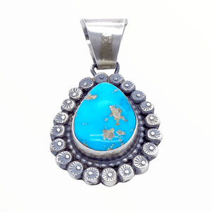 Native American Necklaces & Pendants - Bluebird Turquoise Teardrop Embellished Silver Pendant - Shelia Becenti Navajo