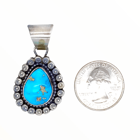 Image of Native American Necklaces & Pendants - Bluebird Turquoise Teardrop Embellished Silver Pendant - Shelia Becenti Navajo