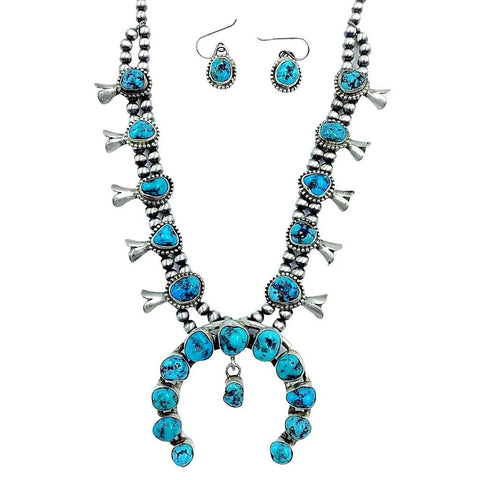 Image of Native American Necklaces & Pendants - Fine Native American Navajo Turquoise Squash Blossom Necklace Set - Kathleen Chavez