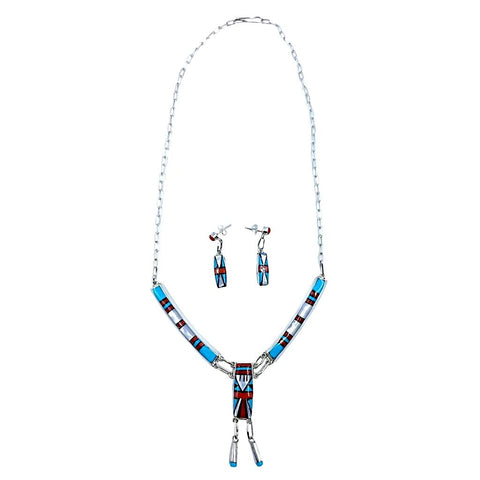 Image of Native American Necklaces & Pendants - Fine Zuni Multi-Stone Inlay Dangle Necklace Set - Phyllis Lucio - Native American