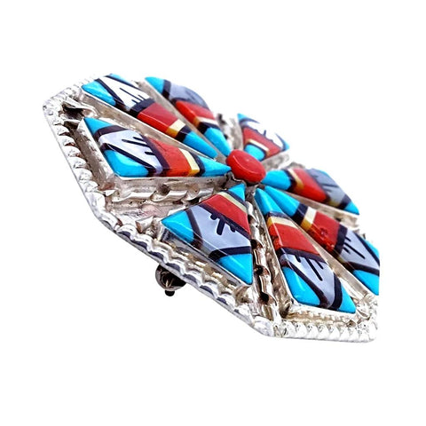 Image of Native American Necklaces & Pendants - Fine Zuni Traditional Inlay Pattern Pendant - Wilson & Carolyn Niiha - Native American