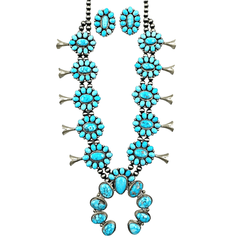 Image of Native American Necklaces & Pendants - Kingman Spider Web Turquoise Squash Blossom Set - Bea Tom