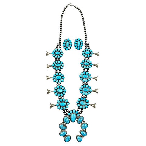 Image of Native American Necklaces & Pendants - Kingman Spider Web Turquoise Squash Blossom Set - Bea Tom
