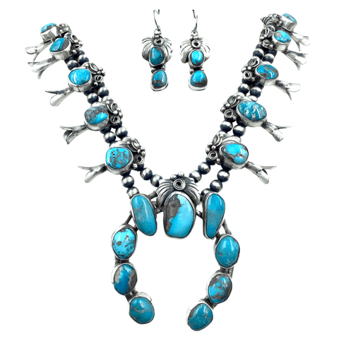Image of Native American Necklaces & Pendants - Kingman Turquoise Navajo Sterling Silver Squash Blossom Set
