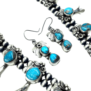 Native American Necklaces & Pendants - Kingman Turquoise Navajo Sterling Silver Squash Blossom Set