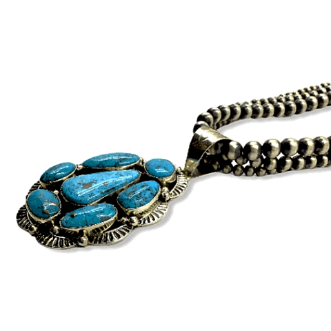 Image of Native American Necklaces & Pendants - Kingman Turquoise Necklace On 3 Strand Sterling Silver Navajo Pearl Beads