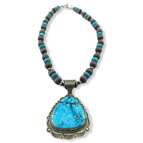 Image of Native American Necklaces & Pendants - Kingman Turquoise Necklace On Navajo Pearls -A. Jake