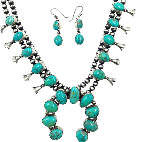 Image of Native American Necklaces & Pendants - Kingman Turquoise Teal Squash Blossom Set - Kathleen Chavez - Navajo