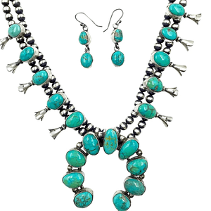 Native American Necklaces & Pendants - Kingman Turquoise Teal Squash Blossom Set - Kathleen Chavez - Navajo
