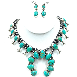Native American Necklaces & Pendants - Kingman Turquoise Teal Squash Blossom Set - Kathleen Chavez - Navajo