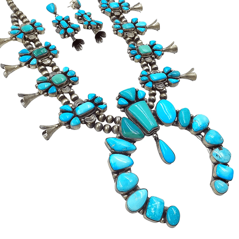 Image of Native American Necklaces & Pendants - Large Blue And Teal Kingman Turquoise Squash Blossom Set - Raymond Beard - Navajo