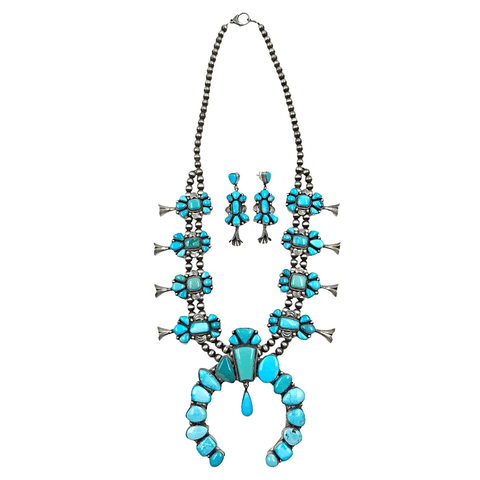 Image of Native American Necklaces & Pendants - Large Blue And Teal Kingman Turquoise Squash Blossom Set - Raymond Beard - Navajo