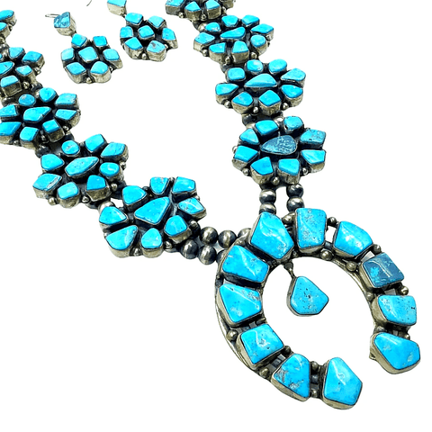 Image of Native American Necklaces & Pendants - Large Geometric Stones Kingman Turquosie Squash Blossom Set - Ella Peters - Navajo