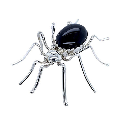 Image of Native American Necklaces & Pendants - Large Navajo Onyx Sterling Silver Spider Pin - E. Spencer
