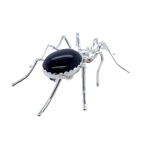 Image of Native American Necklaces & Pendants - Large Navajo Onyx Sterling Silver Spider Pin - E. Spencer