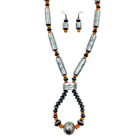 Image of Native American Necklaces & Pendants - Large Navajo Orange Spiny Oyster & Sterling Silver Hand Stamped Beaded Necklace - S. Becenti - Native American