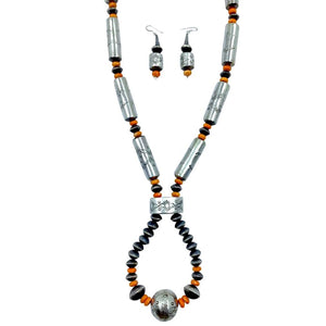 Native American Necklaces & Pendants - Large Navajo Orange Spiny Oyster & Sterling Silver Hand Stamped Beaded Necklace - S. Becenti - Native American