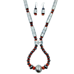 Native American Necklaces & Pendants - Large Navajo Red Spiny Oyster & Sterling Silver Hand Stamped Beaded Necklace - S. Becenti - Native American