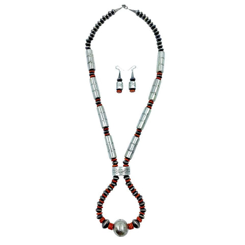Image of Native American Necklaces & Pendants - Large Navajo Red Spiny Oyster & Sterling Silver Hand Stamped Beaded Necklace - S. Becenti - Native American