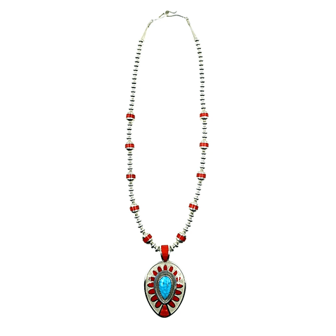 Image of Native American Necklaces & Pendants - Large Navajo Turquoise And Coral Teardrop Necklace - Michael Perry