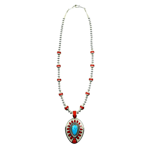 Native American Necklaces & Pendants - Large Navajo Turquoise And Coral Teardrop Necklace - Michael Perry