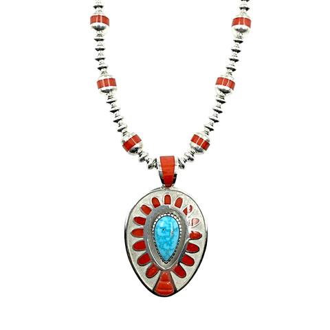 Image of Native American Necklaces & Pendants - Large Navajo Turquoise And Coral Teardrop Necklace - Michael Perry