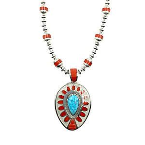 Native American Necklaces & Pendants - Large Navajo Turquoise And Coral Teardrop Necklace - Michael Perry