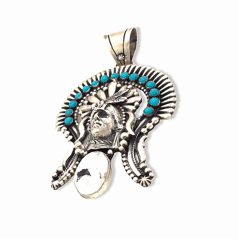 Image of Native American Necklaces & Pendants - Large Navajo Turquoise & White Buffalo Chief Pendant