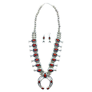 Native American Necklaces & Pendants - Native American Navajo Shadow Box Coral Squash Blossom Necklace -Large Size