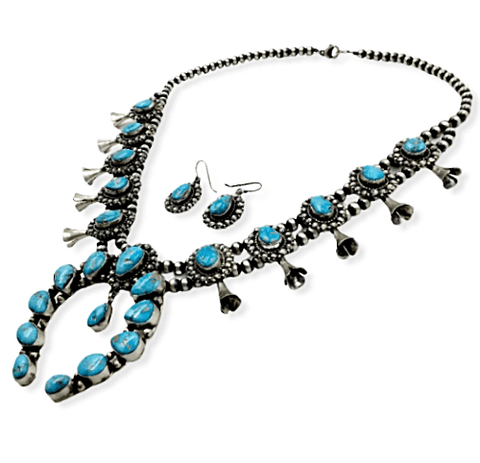 Image of Native American Necklaces & Pendants - Navajo Blue Bird Turquoise Squash Blossom Necklace  -Ella Peters
