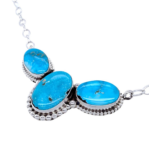 Image of Native American Necklaces & Pendants - Navajo Blue Bird Turquoise Triple Stone Sterling Silver Drop Necklace- Paul Livingston