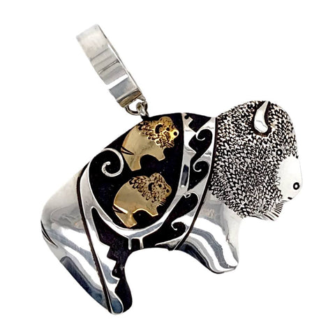 Image of Native American Necklaces & Pendants - Navajo Buffalo 12K Gold Fill Sterling Silver Pendant - T & R Singer