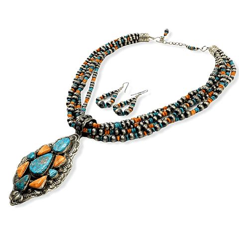 Image of Native American Necklaces & Pendants - Navajo Darryl Becenti Necklace On Strands Of Navajo Pearls -Set