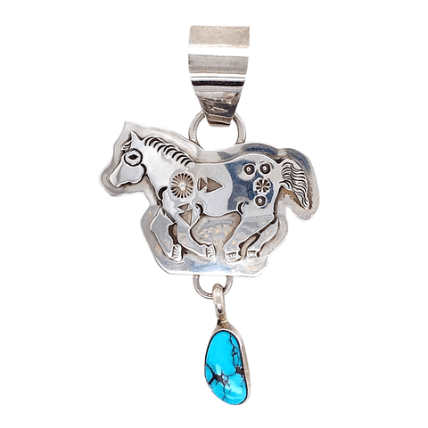 Image of Native American Necklaces & Pendants - Navajo Embellished Running Horse Turquoise Dangle Pendant - Jeff Jame Jr.