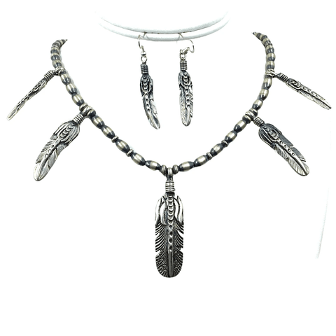 Image of Native American Necklaces & Pendants - Navajo Feather Teardrop Sterling Silver Necklace Set -