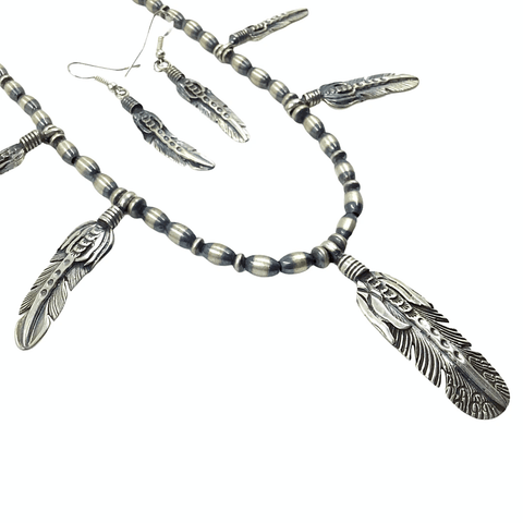 Image of Native American Necklaces & Pendants - Navajo Feather Teardrop Sterling Silver Necklace Set -